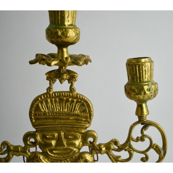 Vintage Brass Figural Candelabra 3-Arm Pre-Columbian Style Tribal Design Candle - Picture 4 of 14